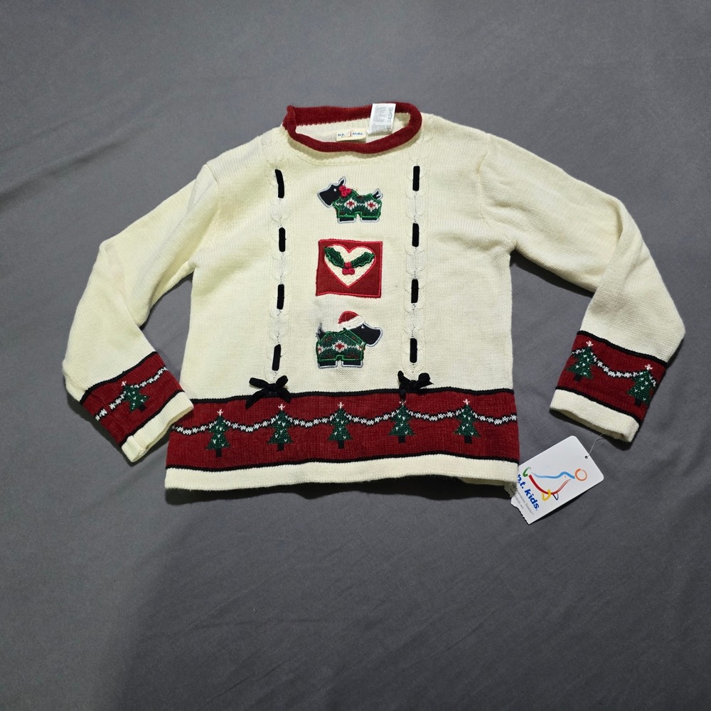 BT Kids Christmas Sweater Kids 6 Cream Scottie Dog Sequin Tree Vintage Style